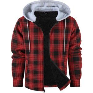 Men's Red Flannel Fleece Hoodie Plaid Sherpa Lined Jackets Zip Up With Pocket
